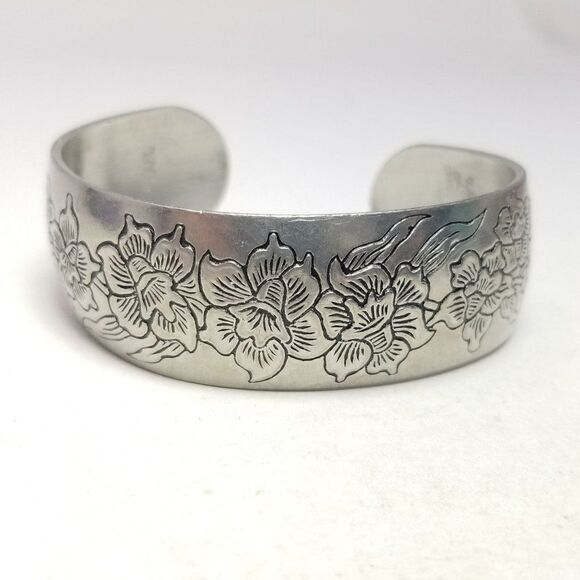Leonard Jewelry - Vintage Leonard Pewter Floral Design Cuff Bangle Bracelet, Silver Tone, Signed